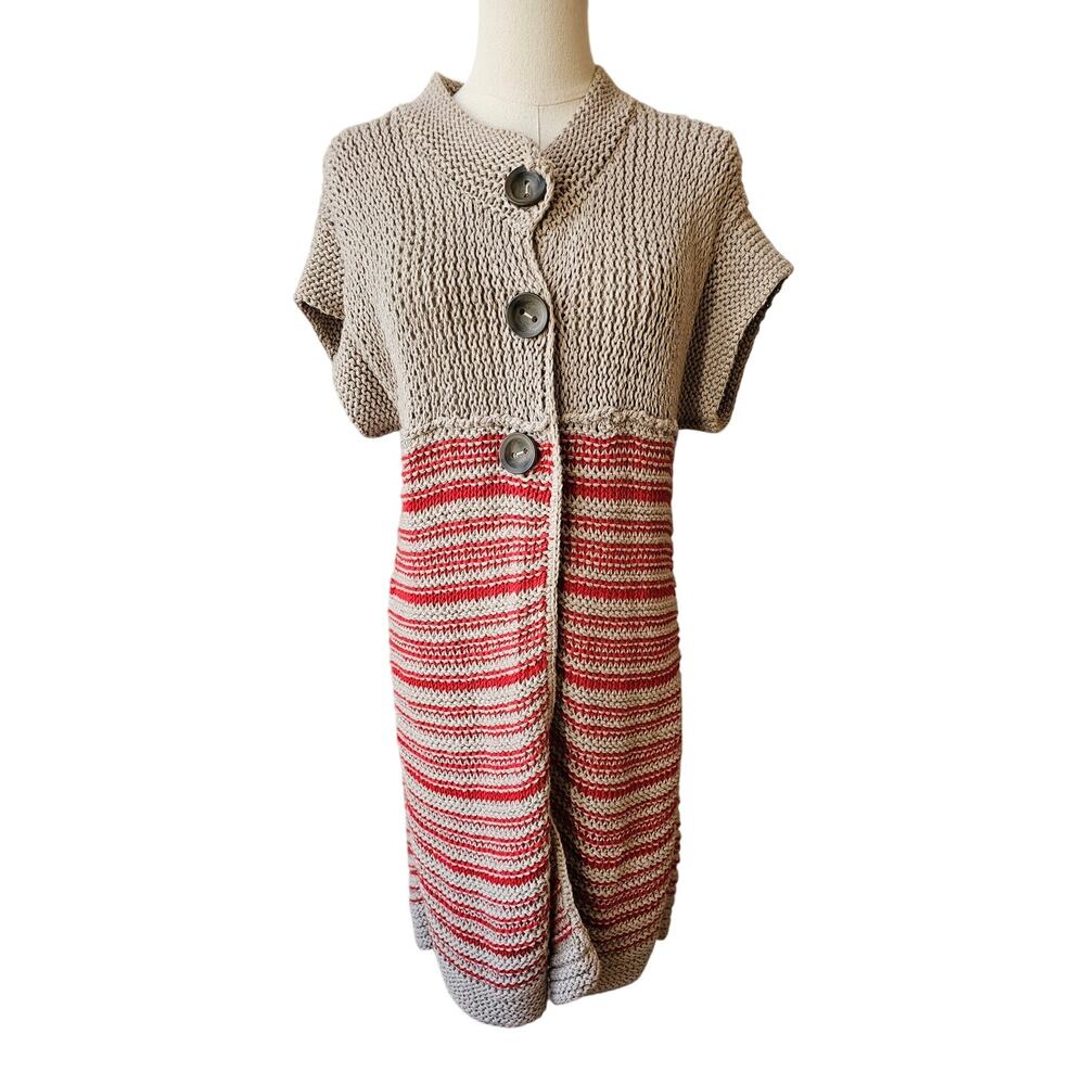 Free People Button Front Crochet‎ Striped Long Cardigan Sweater Size M Tan Red